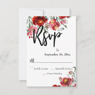 Handwriting RSVP Burgundy Red Fall Flowers Card