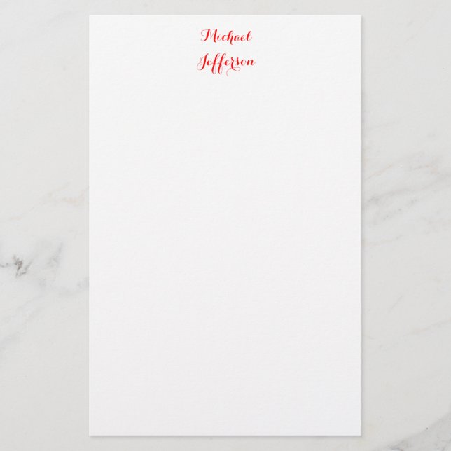 Handwriting Script Elegant Plain Simple Red White Stationery (Front)