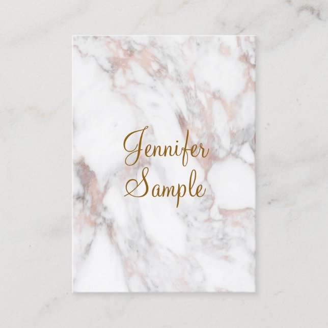 Handwriting Script Elegant Rose Gold Marble Business Card (Front)