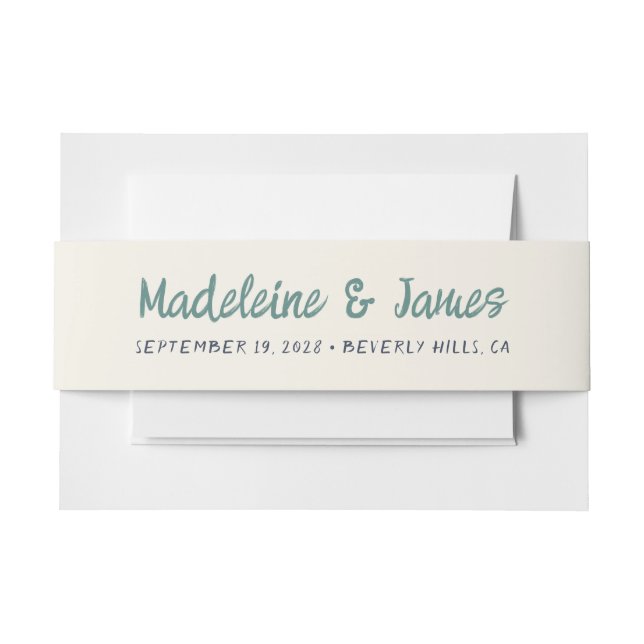 Handwriting Script Green Blue Retro Wedding Invitation Belly Band (Front Example)