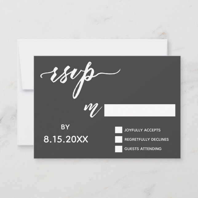 Handwriting Script RSVP in Bold White on Dark Grey (Front)