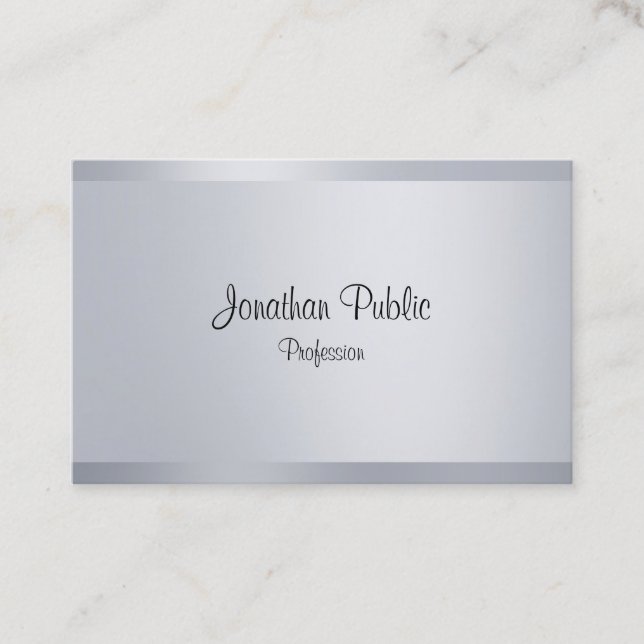 Handwriting Script Template Modern Faux Silver Business Card (Front)