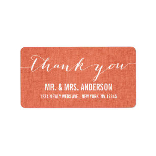 Handwriting Script Wedding Thank You Coral Linen Label