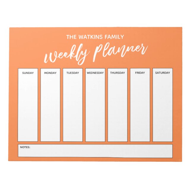Handwriting, Simple Weekly Planner Bright Orange Notepad (Front)