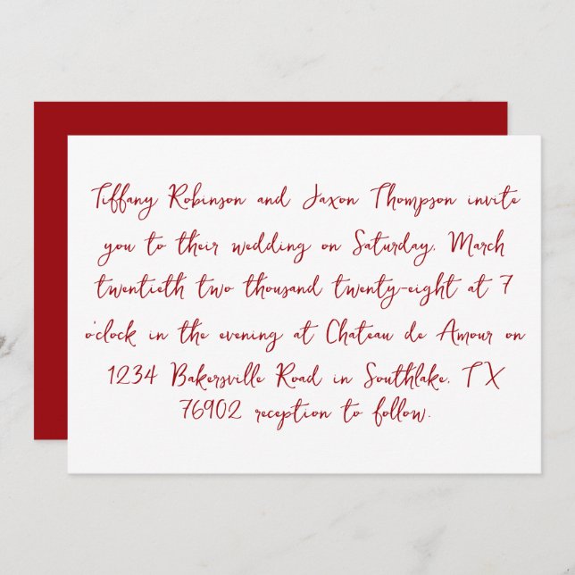 Handwriting Style Minimalist White and Red Wedding Invitation (Front/Back)