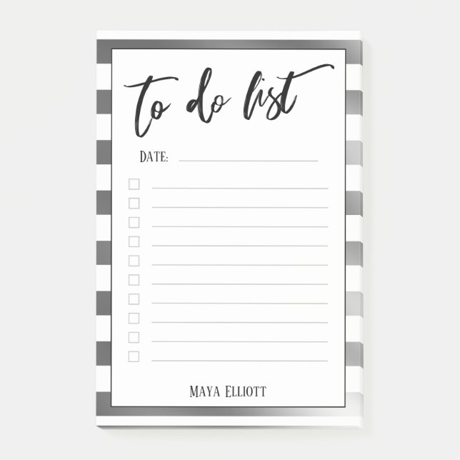 Handwriting To Do List Silver White Stripes, Lined Post-it Notes (Front)