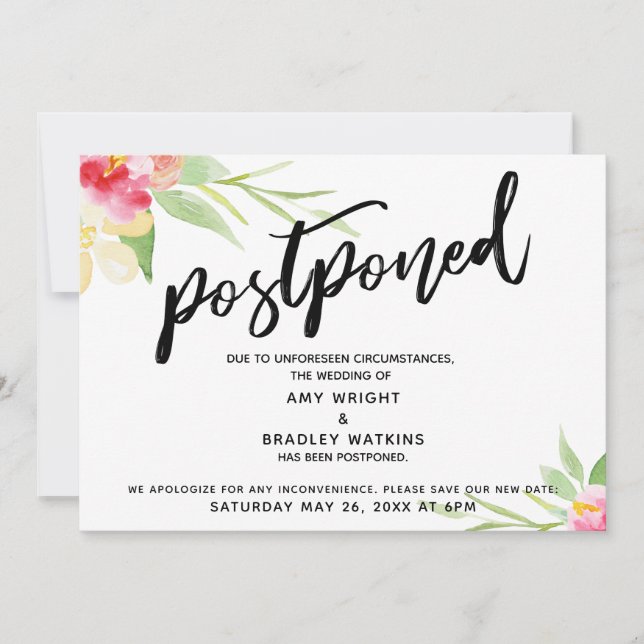 Handwriting Watercolor Flowers Postponed Wedding Invitation (Front)