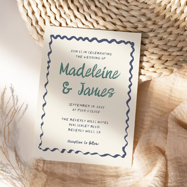 Handwriting Wavy Frame Green Blue Retro Wedding Invitation (Creator Uploaded)