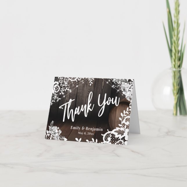 Handwriting Wooden Barrel Lace Lights Flowers Thank You Card (Front)