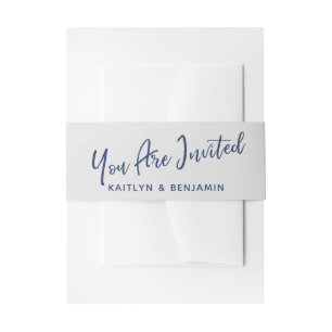 Handwriting You Are Invited Navy & Grey Invitation Belly Band