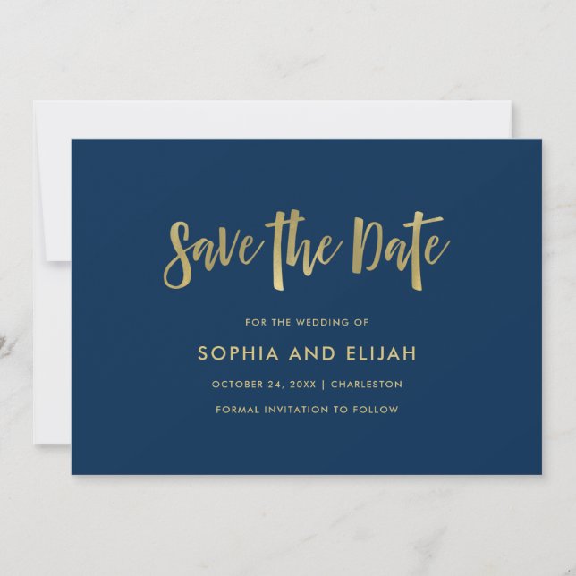 Handwritten and Modern | Faux Gold on Navy Blue Save The Date (Front)