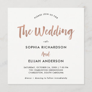 Handwritten and Modern   Faux Rose Gold Wedding Invitation