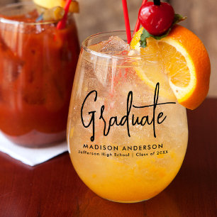 Handwritten Black Script Graduation Stemless Wine Glass