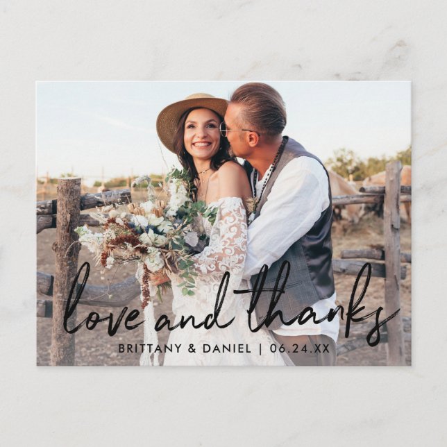Handwritten Black Script Love and Thanks Wedding Postcard (Front)