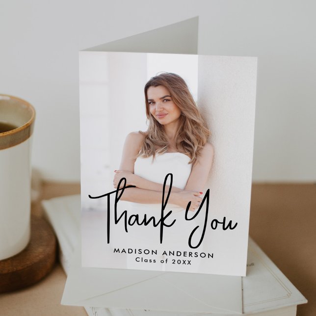 Handwritten Black Script Photo Graduation Thank You Card (Creator Uploaded)