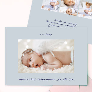 handwritten blue ink introducing photo boy baby announcement