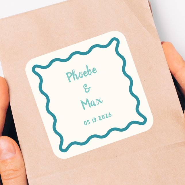Handwritten Bold Whimsical Wavy Border Wedding  Square Sticker (Creator Uploaded)