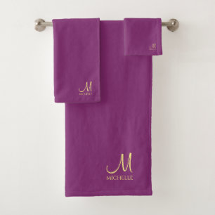 Handwritten Bordeaux & Gold Monogrammed Name Bath Towel Set