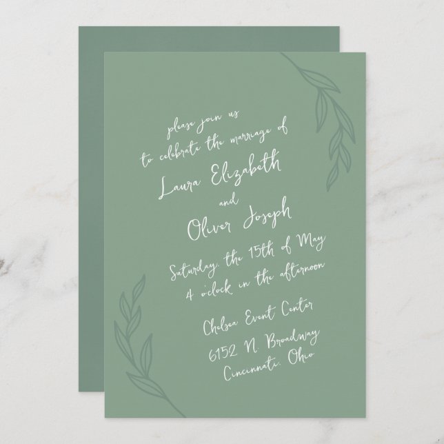 Handwritten Botanical Green Wedding Invitations (Front/Back)