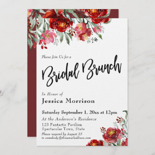 Handwritten Bridal Brunch Burgundy Red Flowers Invitation