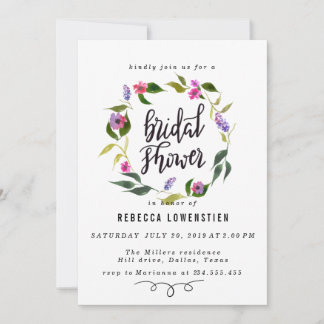Handwritten Bridal Shower Script Floral Wreath Invitation