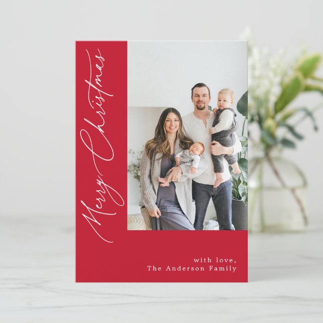 Handwritten Calligraphy Red Christmas Photo Holiday Card (Standing Front)