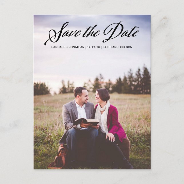 Handwritten Calligraphy Script Photo Save the Date Announcement Postcard (Front)