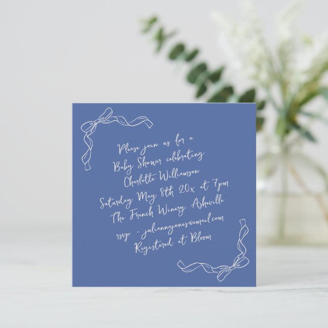 Handwritten Coquette Bow Blue Bridal Shower Square Invitation (Standing Front)