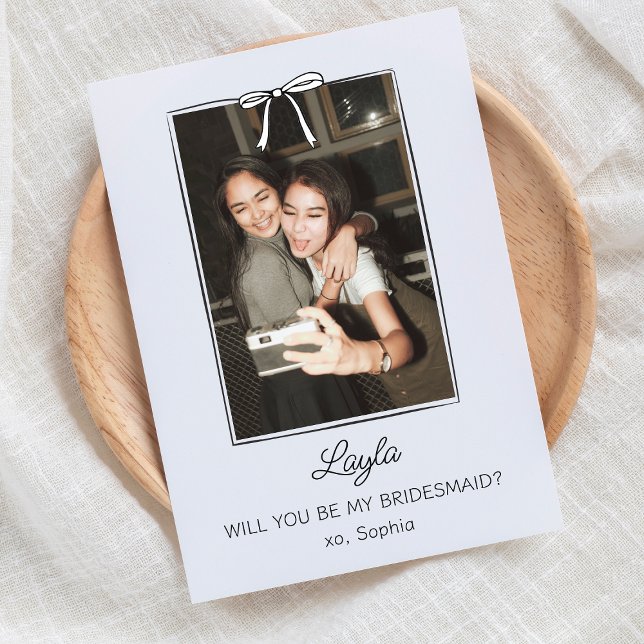 Handwritten Coquette Bow Bridesmaid Photo Proposal Card (Creator Uploaded)