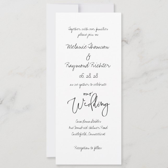 Handwritten Cursive 2 Our Wedding 4 X 9 Inch Long Invitation (Front)