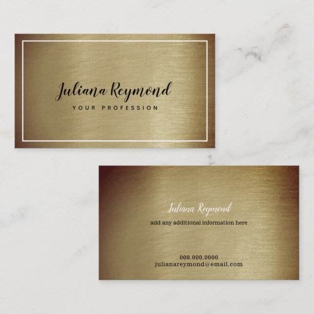 handwritten cursive name on brownish old gold business card (Front/Back)