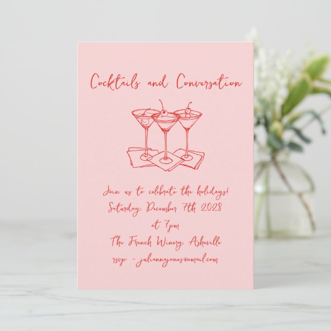 Handwritten Doodles Cocktails Holiday Red Pink Invitation (Standing Front)