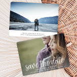 Handwritten | Double-Sided Photo Save the Date<br><div class="desc">A modern save the date card designed to accommodate your favorite horizontal or landscape oriented full-bleed engagement photo, with an additional photo on the back. "Save the date" appears as an overlay along the bottom in white handwritten style script lettering, with your names, wedding date and wedding location beneath. Add...</div>