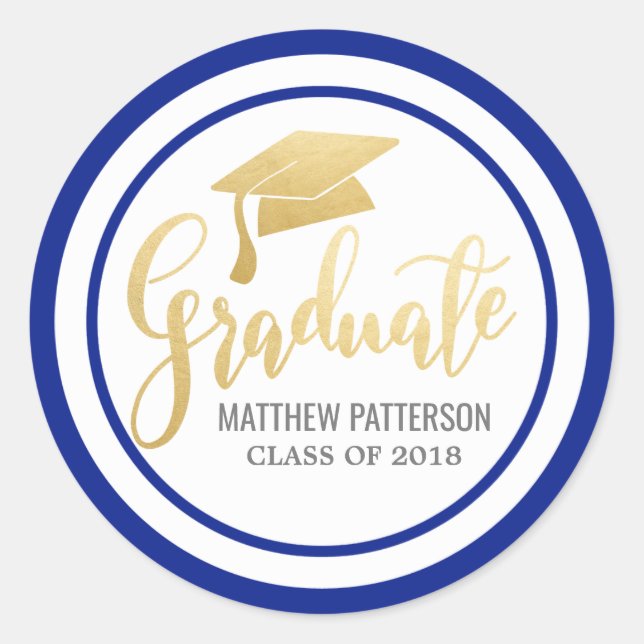 Handwritten Faux Gold Foil Graduate Hat Navy Blue Classic Round Sticker (Front)