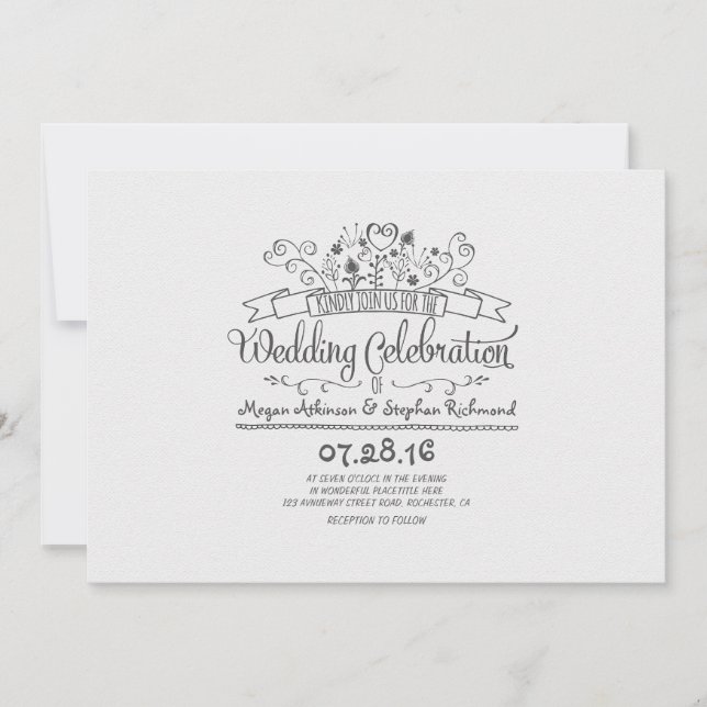 Handwritten flowers modern casual wedding invites (Front)