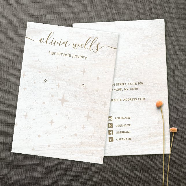 Handwritten Font White Stars Wood Earring Display Business Card (Creator Uploaded)
