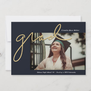 Handwritten Grad in Navy and Gold Graduation Announcement