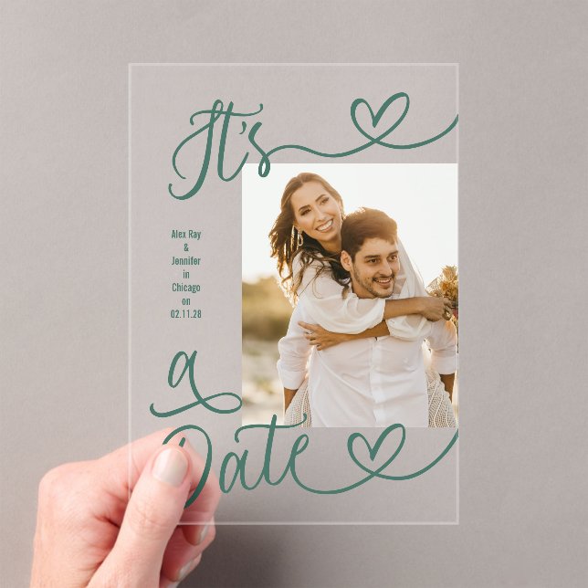 Handwritten Green Heart It's A Date Photo Wedding Acrylic Invitations (Insitu (Handheld))