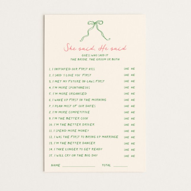 Handwritten Green Pink She said He said Game (Creator Uploaded)