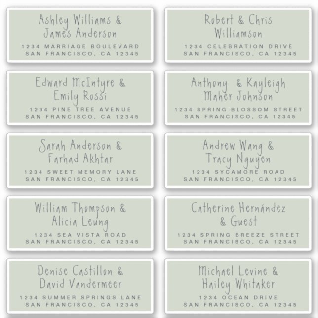 Handwritten Green Wedding Guest Address Labels (Front)