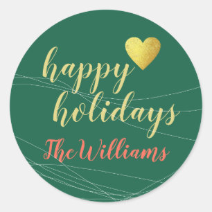 handwritten happy holidays + family name, xmas classic round sticker