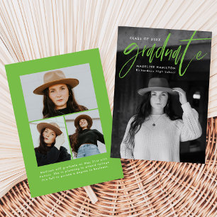 Handwritten Lime Green Script 4 Photo Graduation Announcement