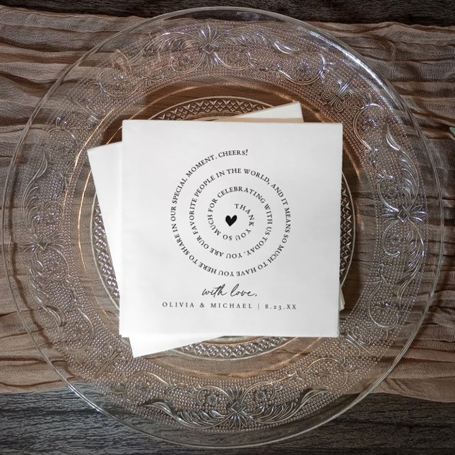 Handwritten Love Note Spiral Text Heart Wedding Napkin (Custom modern wedding napkins featuring spiral love note, heart, and couple’s names)