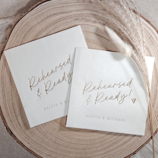 Handwritten love note style heart wedding Gold Foil Napkins (Custom rehearsal dinner napkins that say "rehearsed & ready" and are gold foil stamped on wood back)