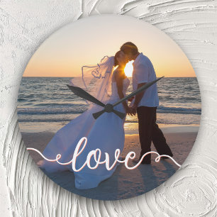Handwritten Love Script Sunset Beach Wedding Photo Large Clock