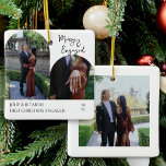 Handwritten Merry and Engaged Arch Photo Ceramic Ornament<br><div class="desc">Merry & Engaged christmas ornament with arch shaped photos on the front and a square photo on the back. Merry & Engaged is lettered in handwritten typography and you can further personalised with your names,  custom text such as First / Last Christmas Engaged or your lastname(s) and the year.</div>