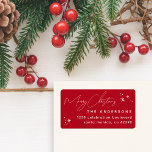 Handwritten Merry Christmas Family Return Address Label<br><div class="desc">Make addressing a breeze with our "Merry Christmas" return address label. Chic handwritten calligraphy,  hand-drawn stars,  and a festive red background add a touch of elegance. Customise it with your family name and return address details for a polished look.</div>