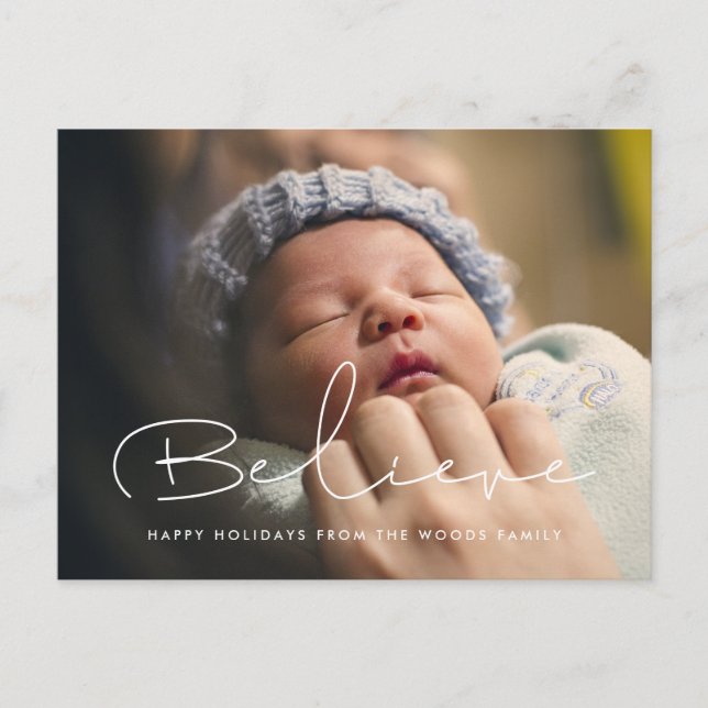 Handwritten minimalist Believe Holiday photo Postcard (Front)