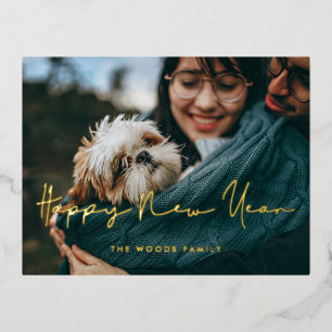 Handwritten minimalist Happy New Year photo Foil Holiday Postcard