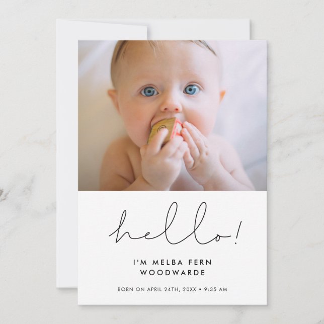 Handwritten minimalist Hello new baby photo Announcement (Front)
